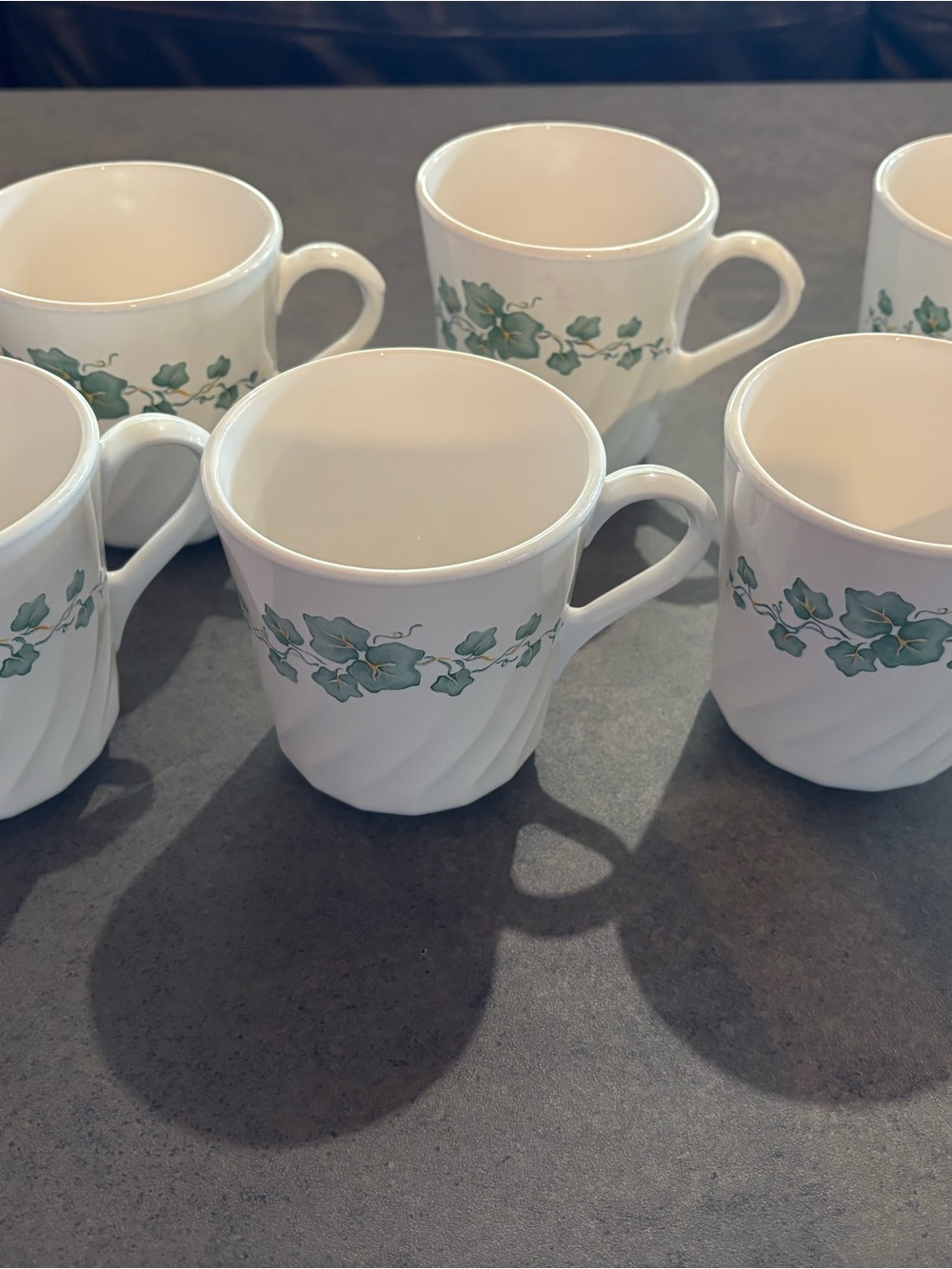 Vintage Corningware Green Ivy Swirl White Mugs Set of 6 Made In USA Corelle Ivy